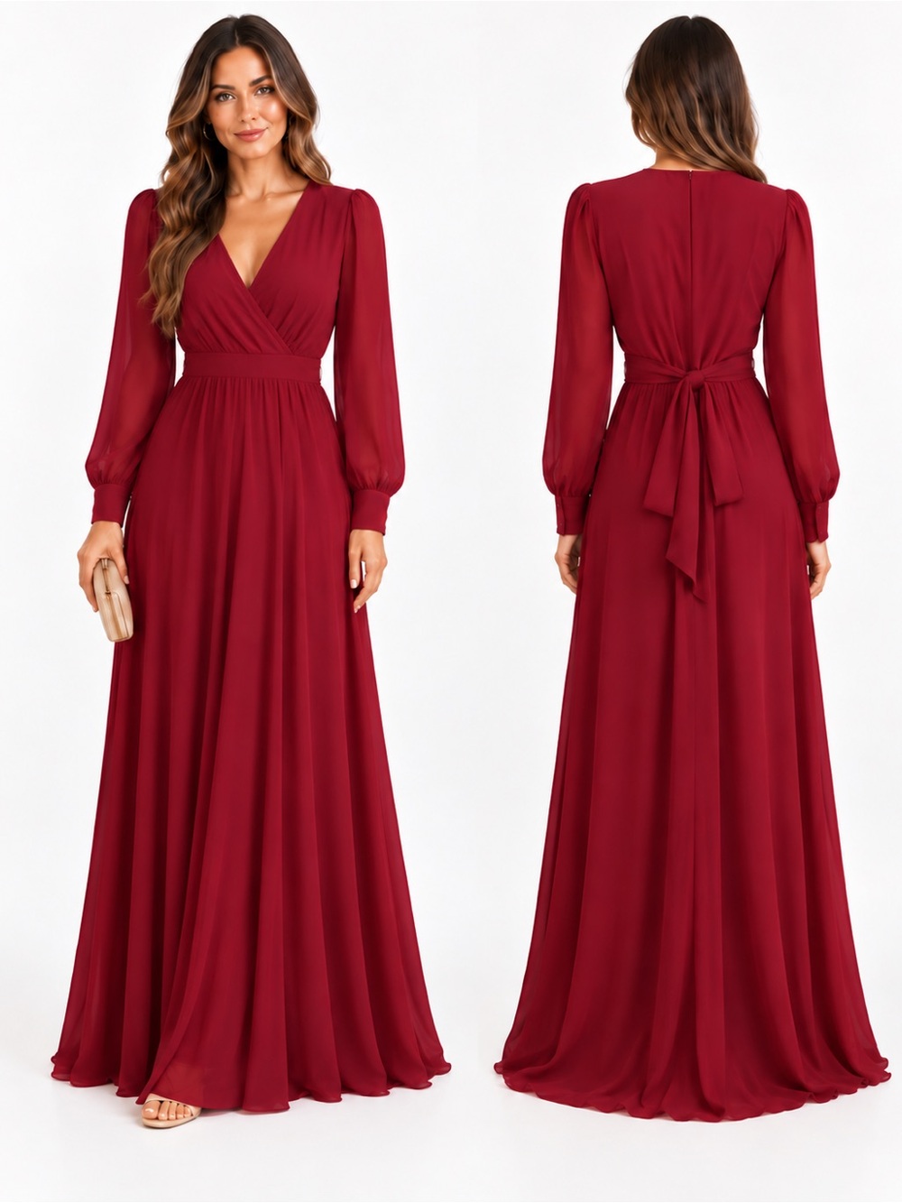 Baltic Born Burgundy Wrap Maxi Dress Small Long Sleeve Tie Back Formal Gown wine
